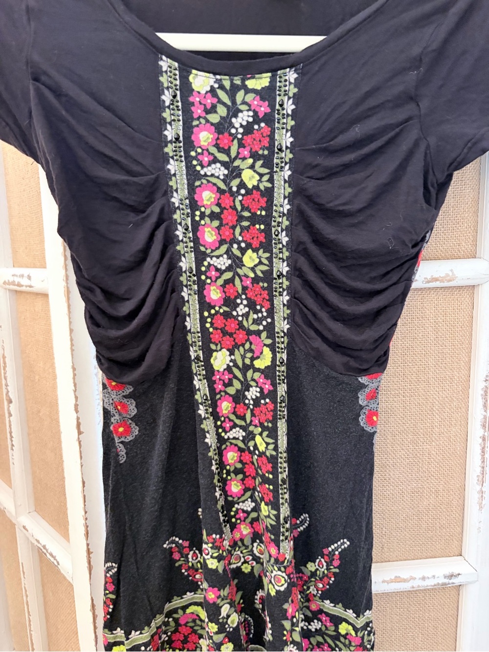 Free People Floral Ruched Beaded Boho Top Black Short Sleeve Size S